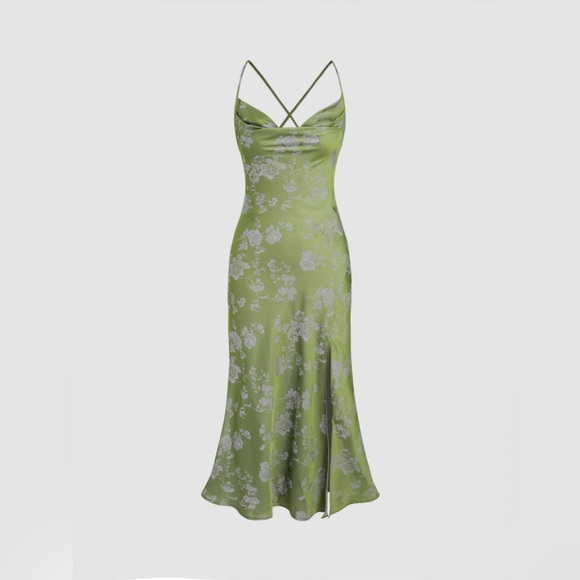 CIDER | Green Floral Cowl Neck Split Midi Dress - Picture 1 of 15